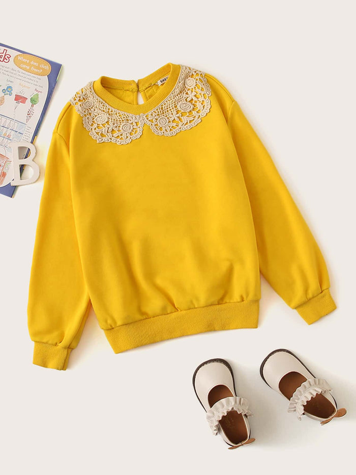 Girls Contrast Guipure Lace Trim Pullover