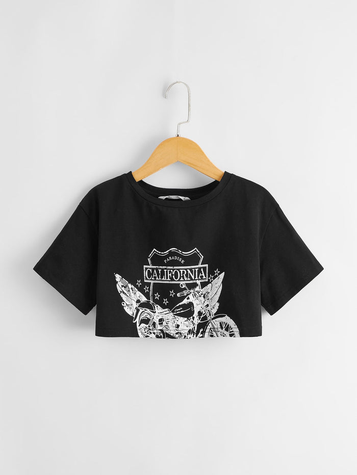 Girls Letter and Motorcycle Print Boxy Crop Tee
