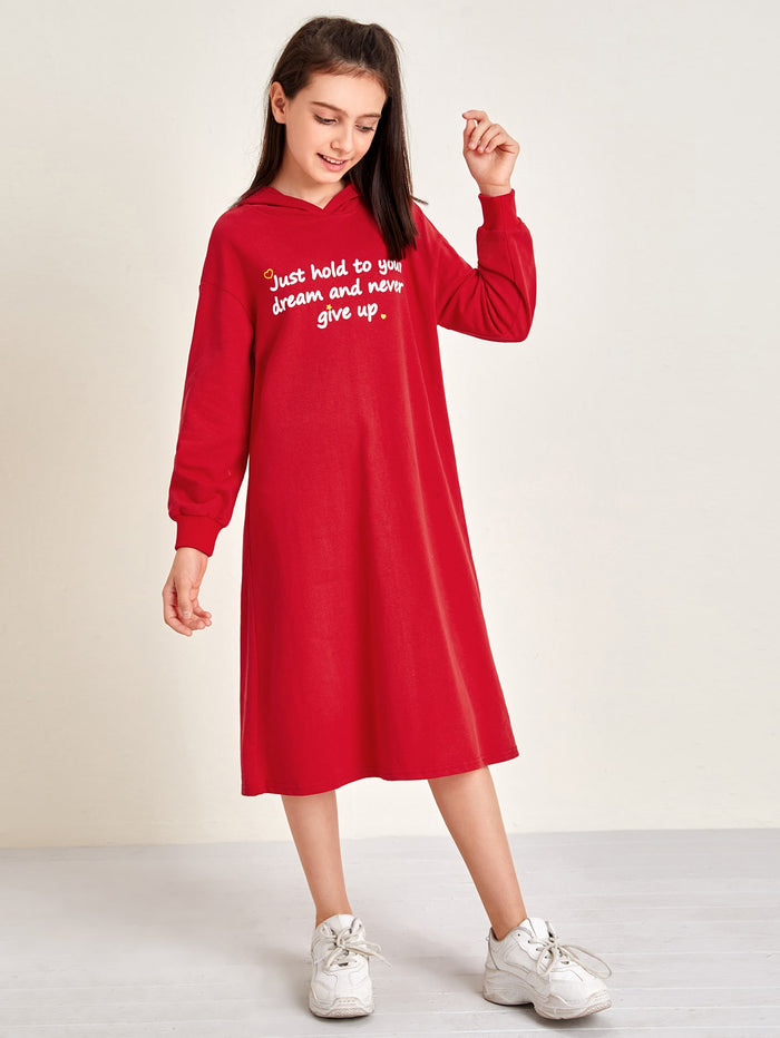 Girls Heart and Slogan Graphic Hooded Sweatshirt Dress Red