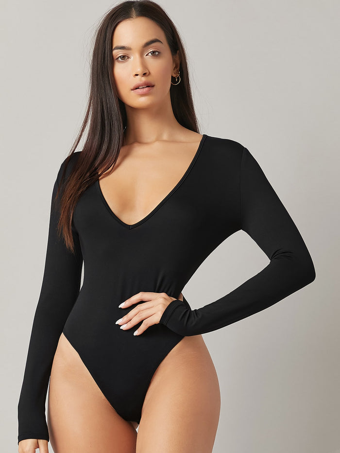BASICS Plunging Neck Solid Fitted Bodysuit Black