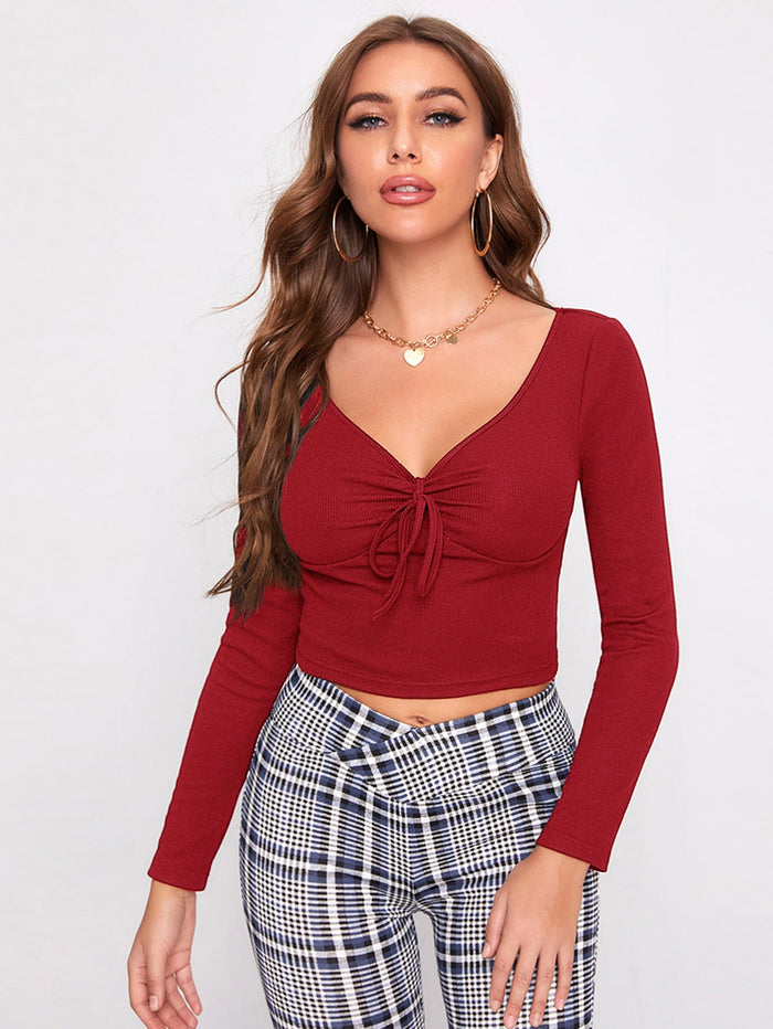 Ruched Knot Front Rib-knit Crop Tee Burgundy