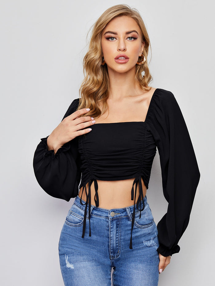 Ruched Drawstring Front Ruffle Cuff Crop Top Black