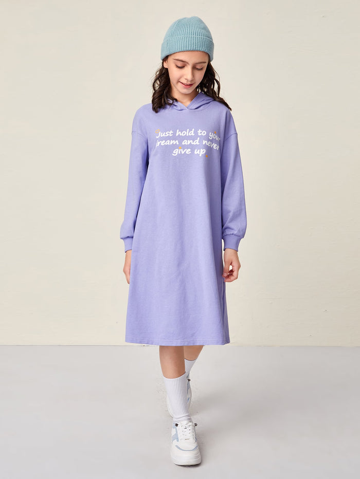 Girls Heart and Slogan Graphic Hooded Sweatshirt Dress Lilac Purple