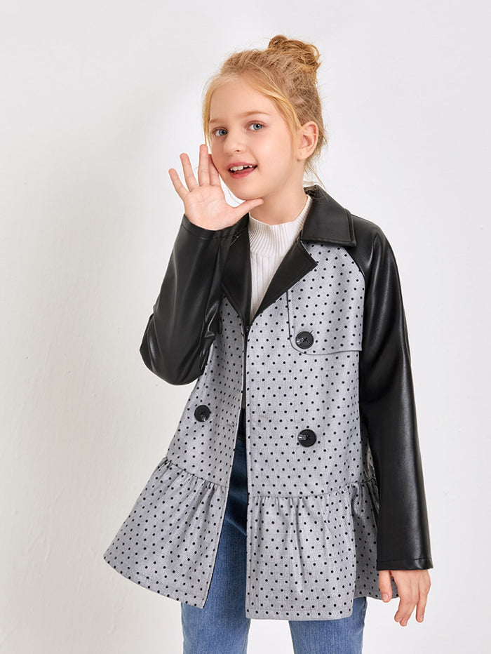 Girls PU Leather Raglan Sleeve Double Button Peplum Coat