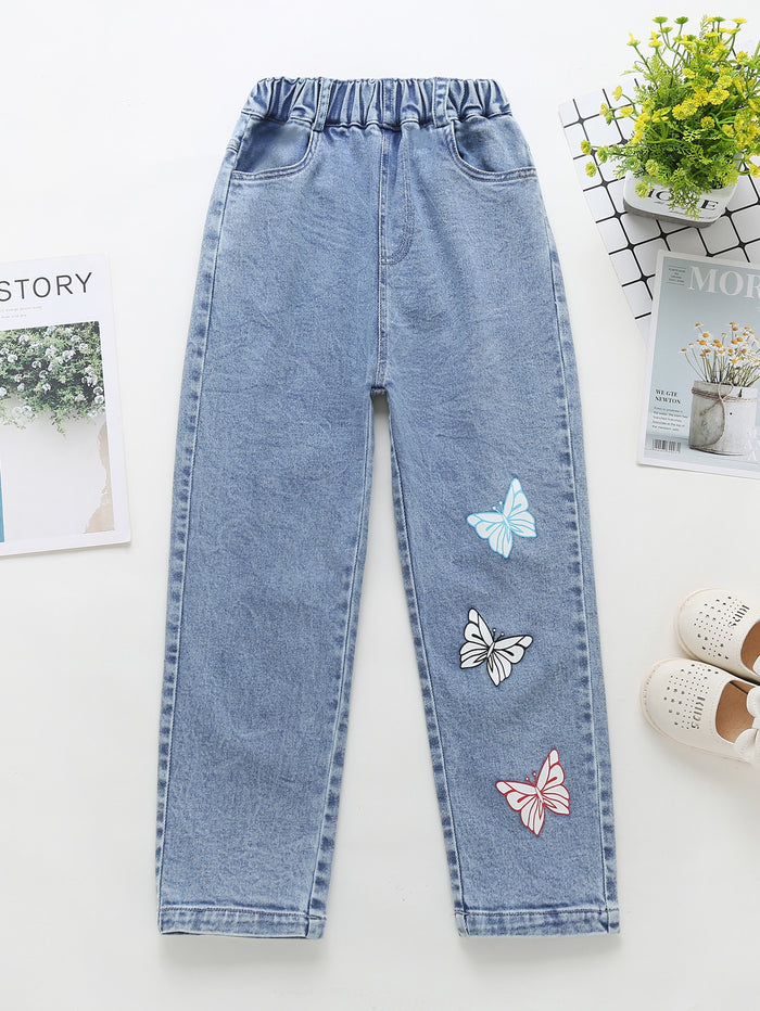 Girls Butterfly Print Straight Leg Jeans