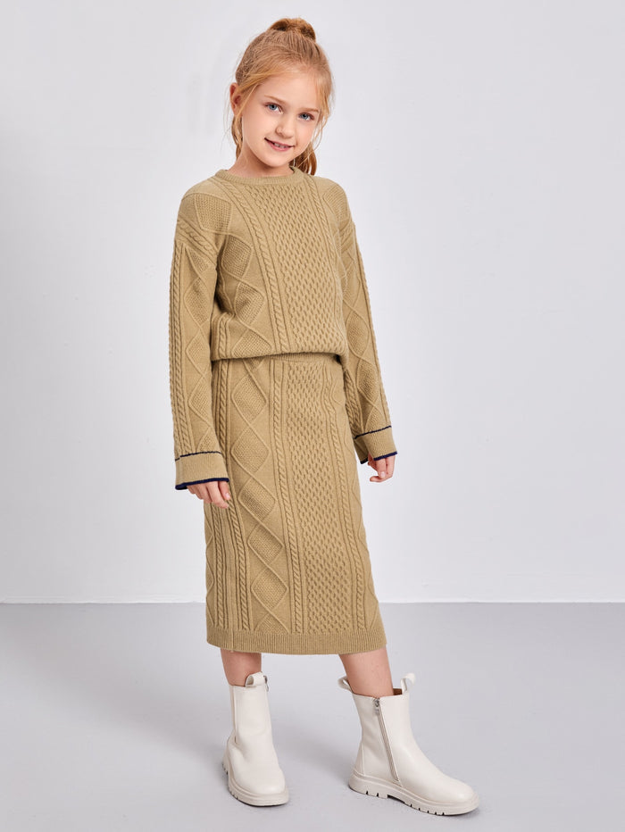 Girls Contrast Trim Textured Knit Sweater & Skirt Set