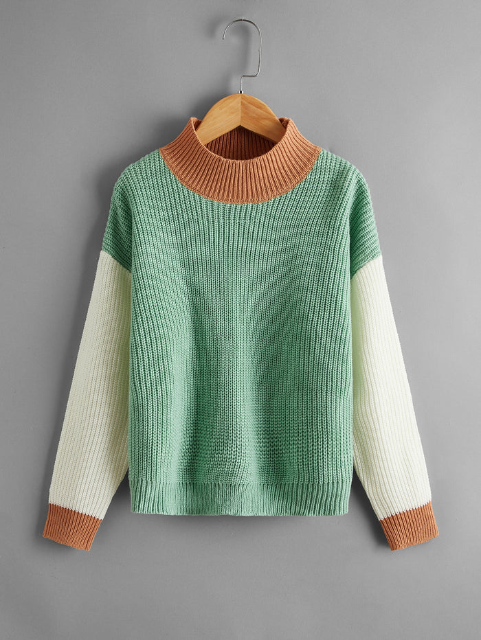 Girls Mock Neck Drop Shoulder Colorblock Sweater
