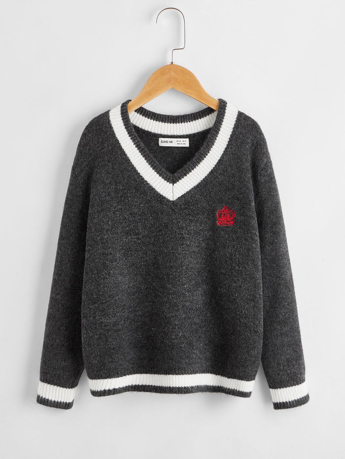 Boys Embroidered Detail Colorblock Sweater