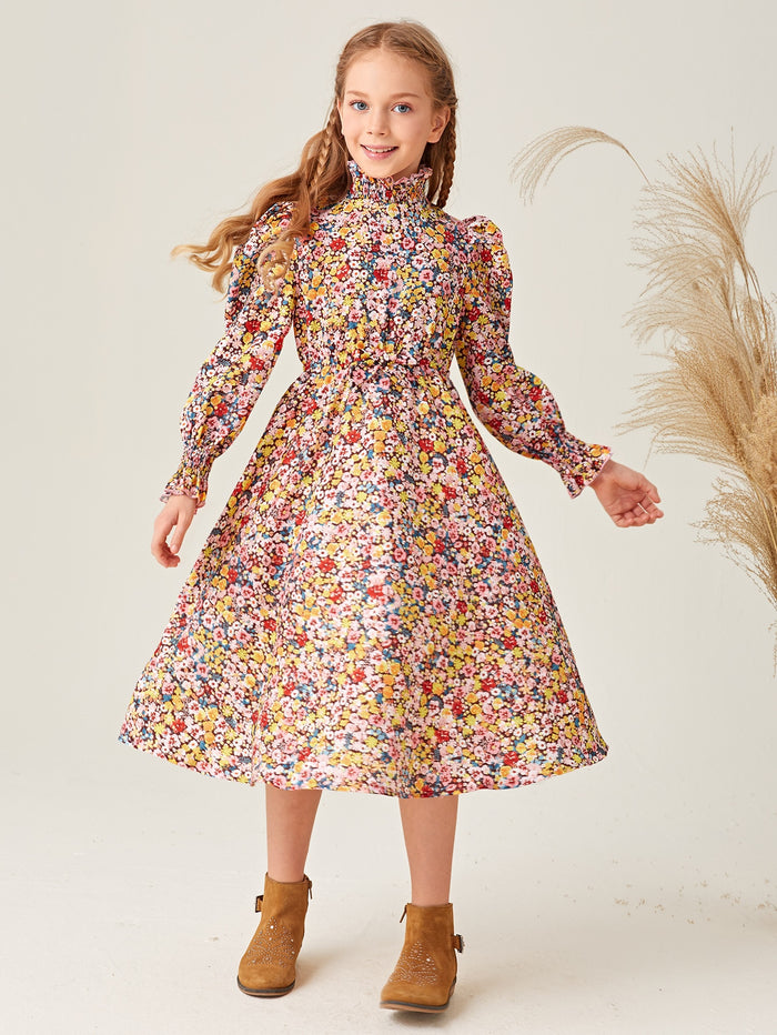 Girls Shirred High Neck Puff Sleeve Ditsy Floral Dress