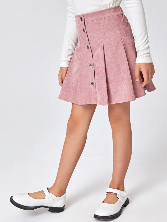 Girls Button Fly Cord Pleated Skirt