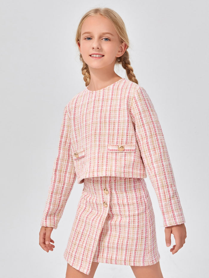 Girls Buttoned Detail Tweed Top & Wrap Skirt Set
