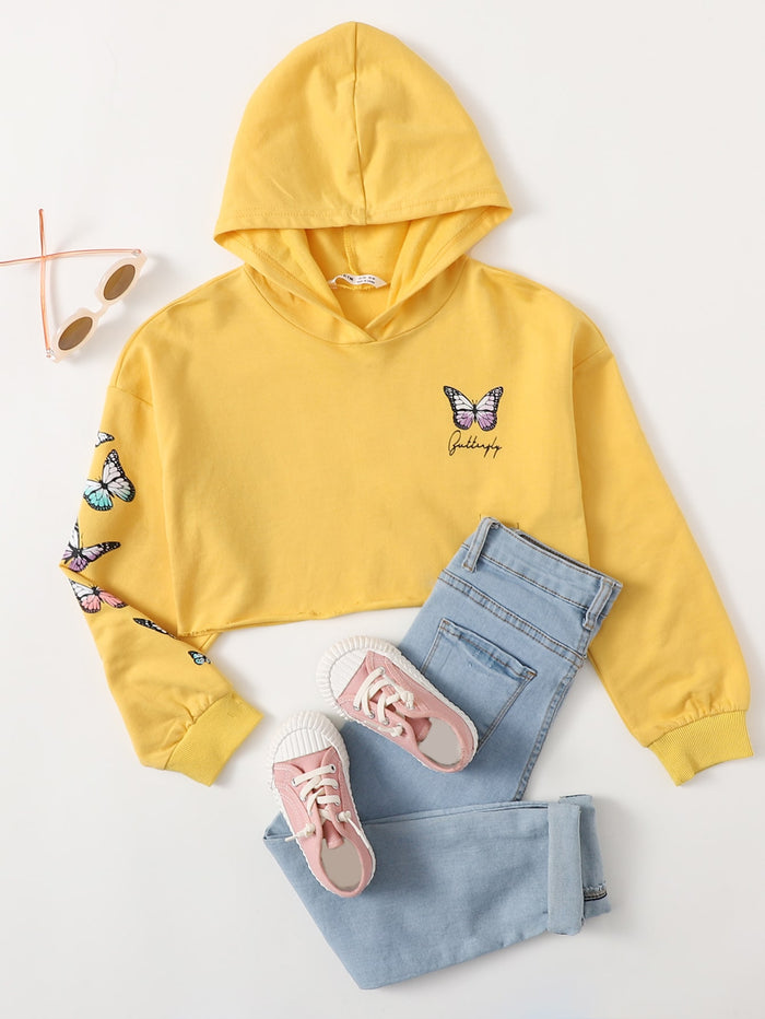 Girls Letter & Butterfly Print Hoodie Yellow