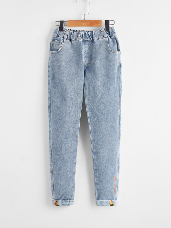 Girls Letter Embroidered Tapered Jeans