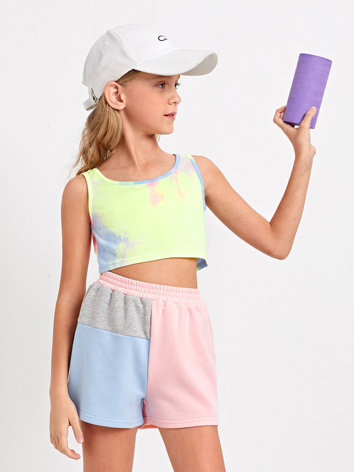 Girls Tie Dye Crop Tank Top & Colorblock Shorts Set