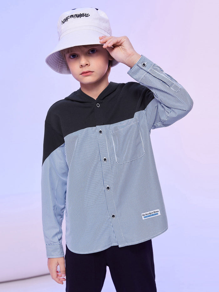 Boys Patched Detail Pocket Patched Striped Hooded Shirt