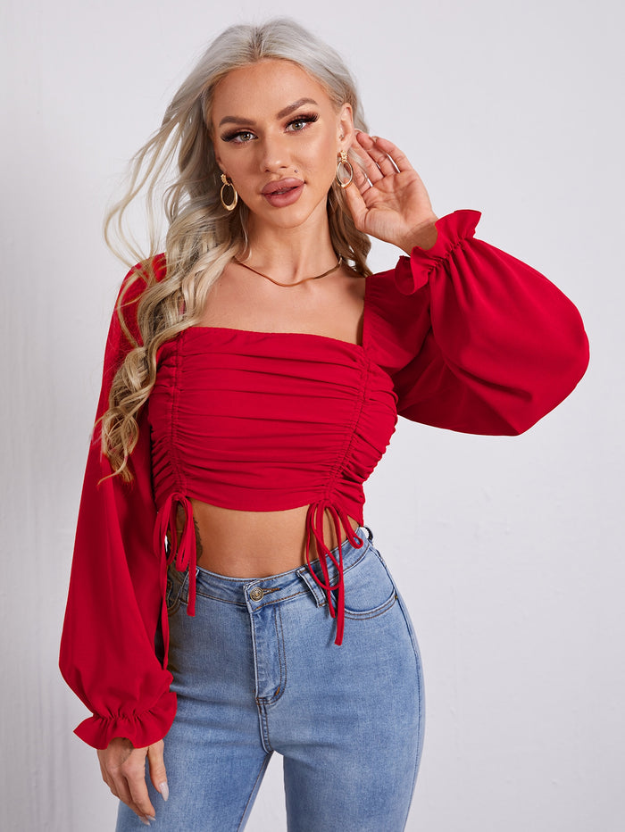 Ruched Drawstring Front Ruffle Cuff Crop Top Red