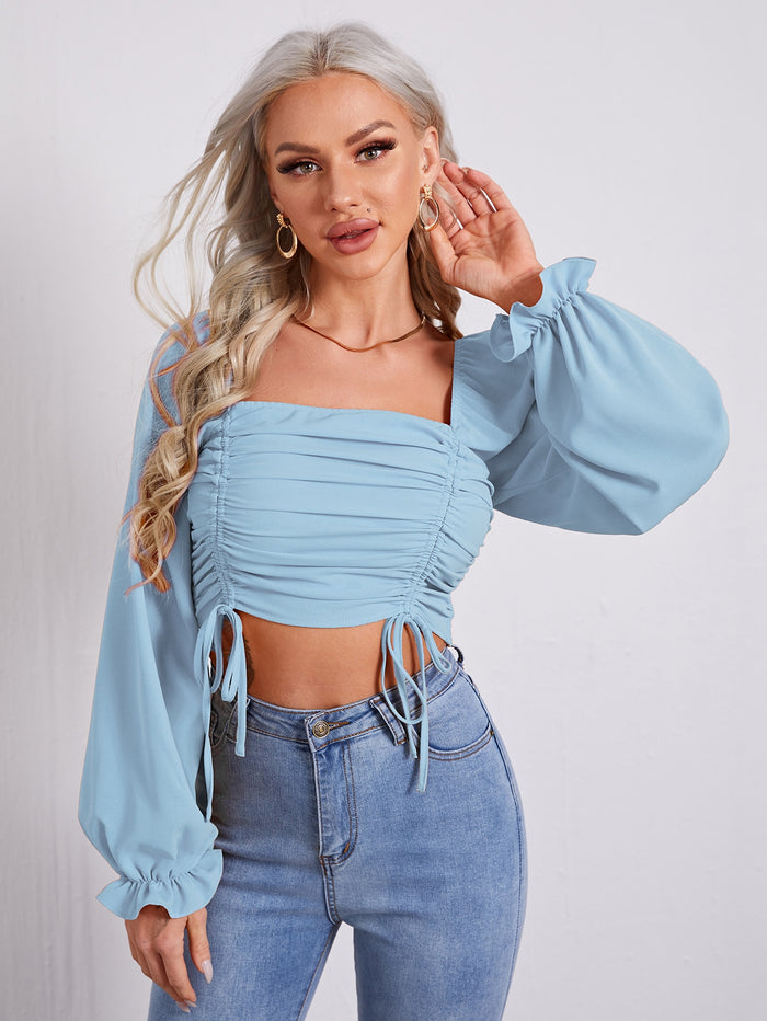 Ruched Drawstring Front Ruffle Cuff Crop Top Pastel