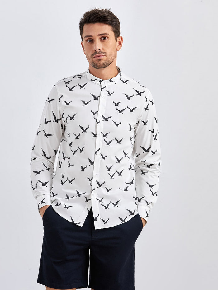 Men Single Breasted Allover Bird Print Shirt