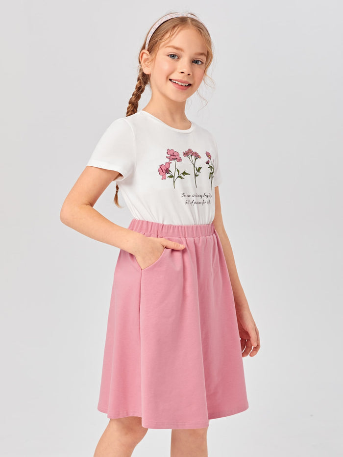 Girls Slogan & Floral Print Tee & Pocket Skirt Set