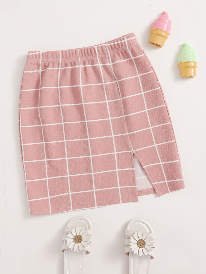 Girls Split Hem Grid Skirt Coral Pink