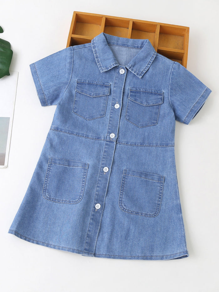 Toddler Girls Button Up Pocket Denim Dress