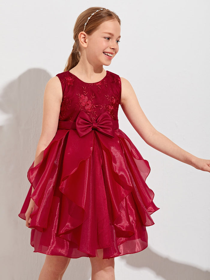 Girls Embroidery Bow Front Tie Back Party Dress