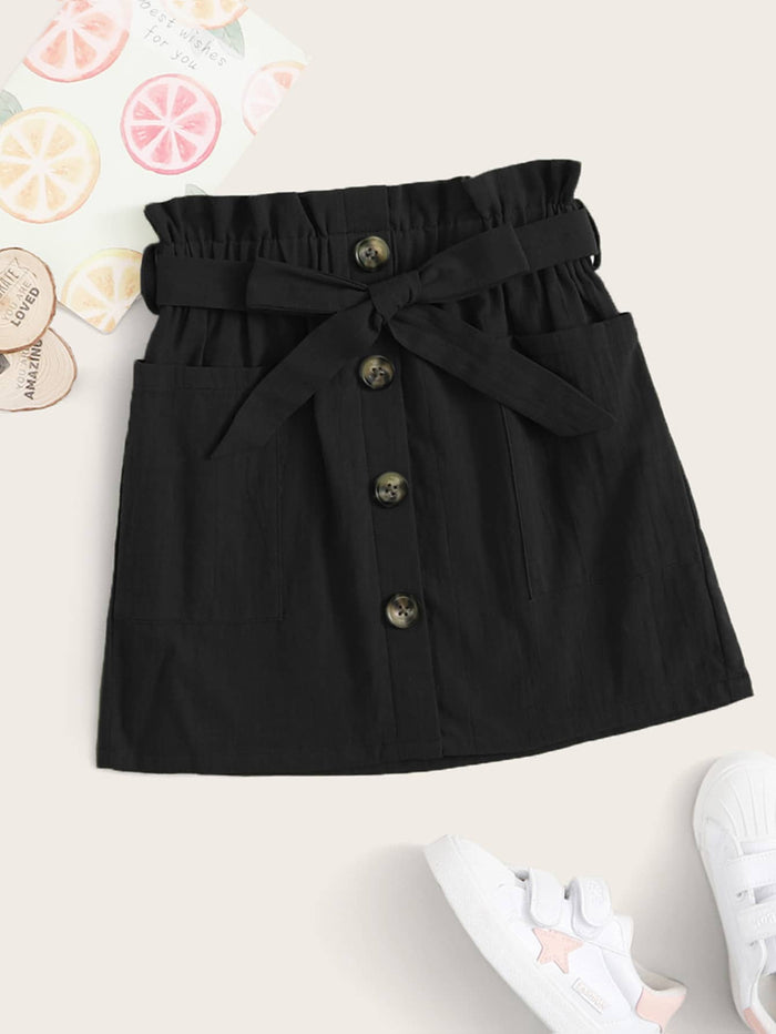 Girls Button Front Paperbag Waist Belted Skirt Black