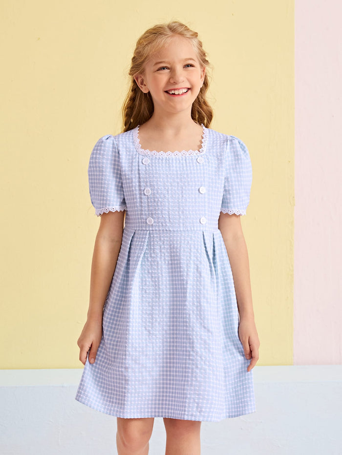 Girls Gingham Contrast Lace Double Button Dress