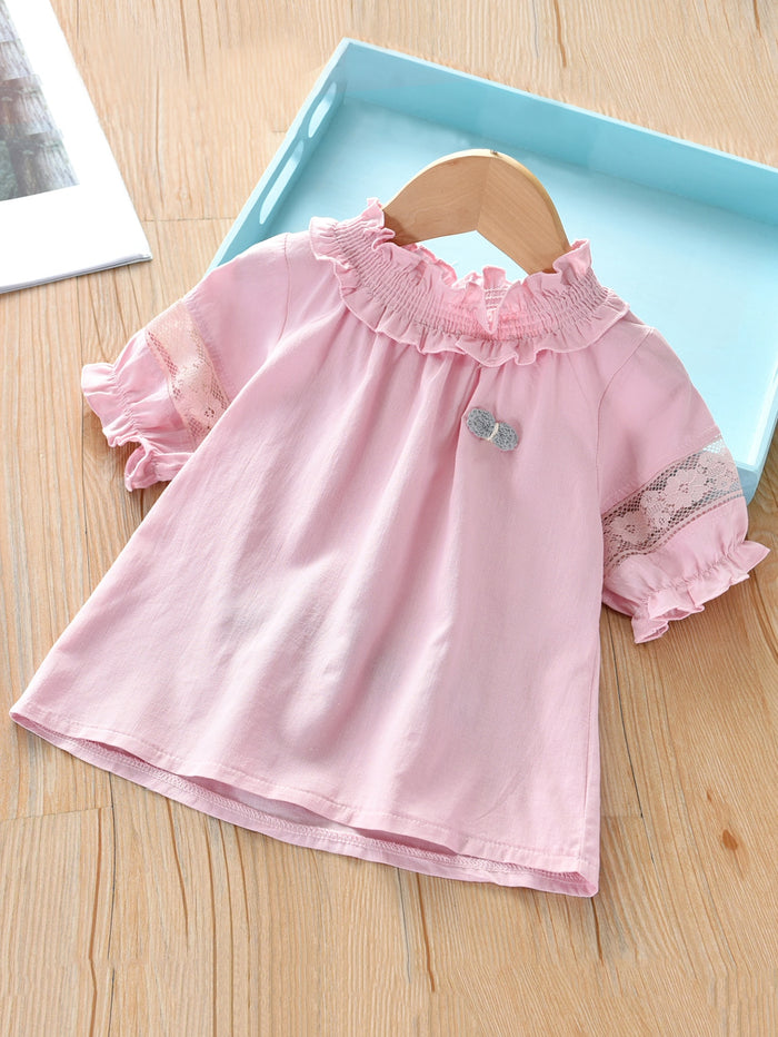 Toddler Girls Ruffle Neck Contrast Lace Blouse