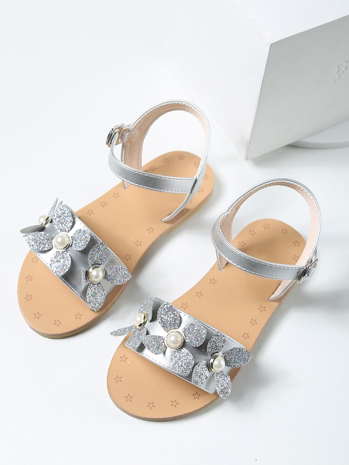Girls Glitter Flower Decor Sandals Silver