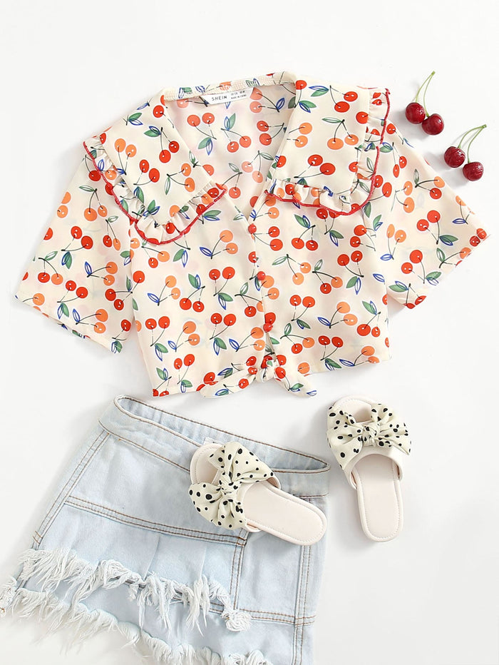 Girls Cherry Print Knot Front Blouse