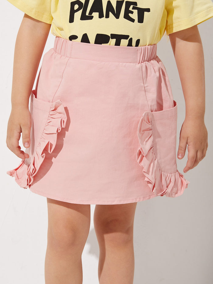 Toddler Girls Elastic Waist Ruffle Patch Pocket Skirt
