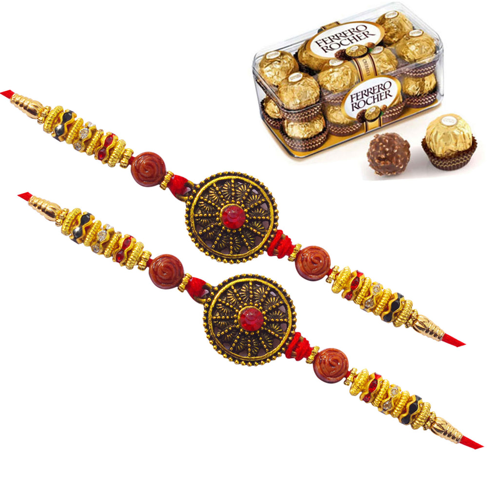 2 Rakhi - Round Pendant Rakhis With Ferrero Rocher Chocolate Box Or Kaju Katli