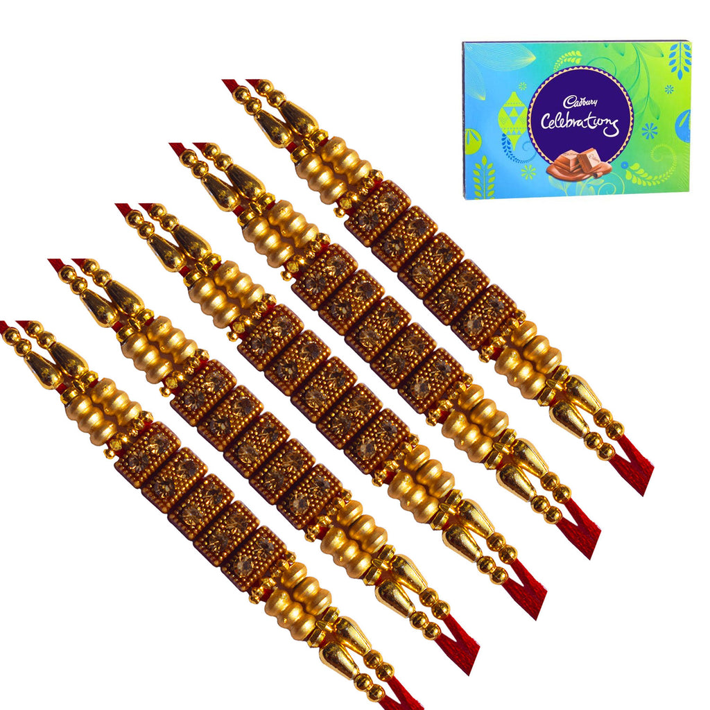 5 Rakhi - Beads Studded Rakhi With 130Gms Cadbury Celebration Chocolates