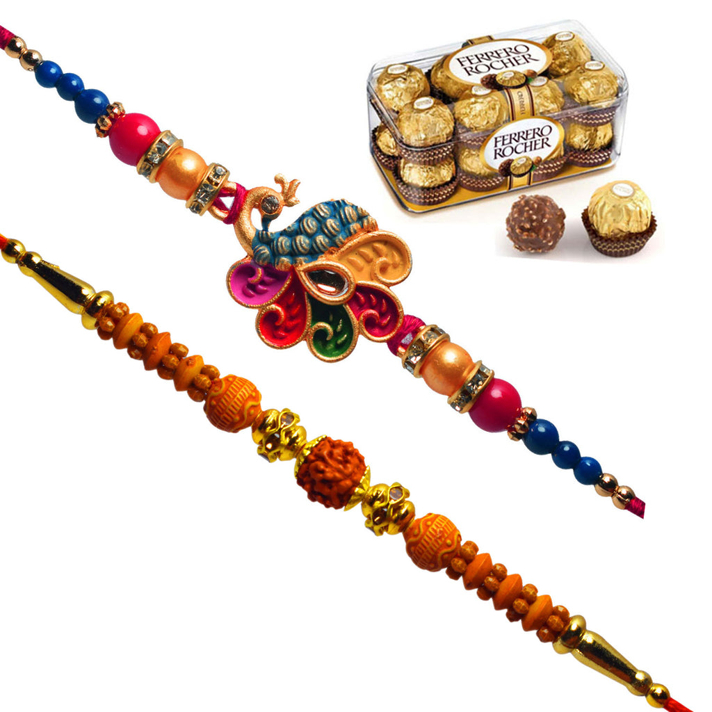 2 Rakhi - Colorful Peacock and Rudraksh Rakhis with Ferrero Rocher Chocolate