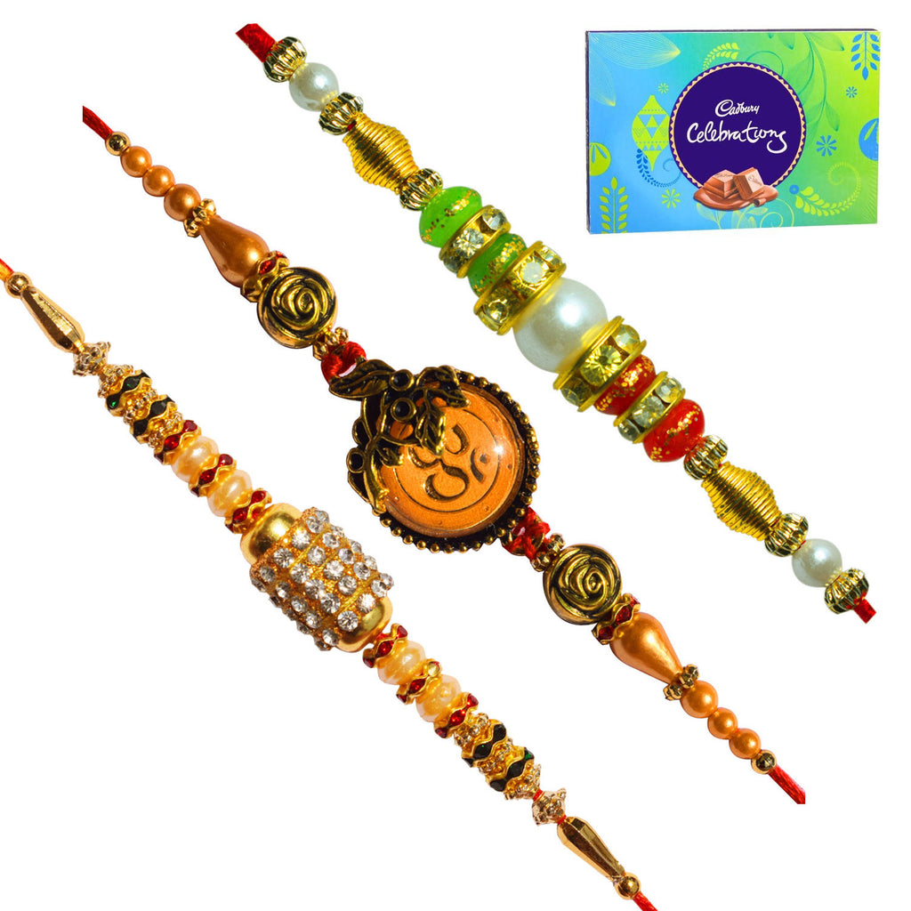 3 Rakhi - Beautiful Fancy Rakhis with Cadbury Celebration Chocolate Box