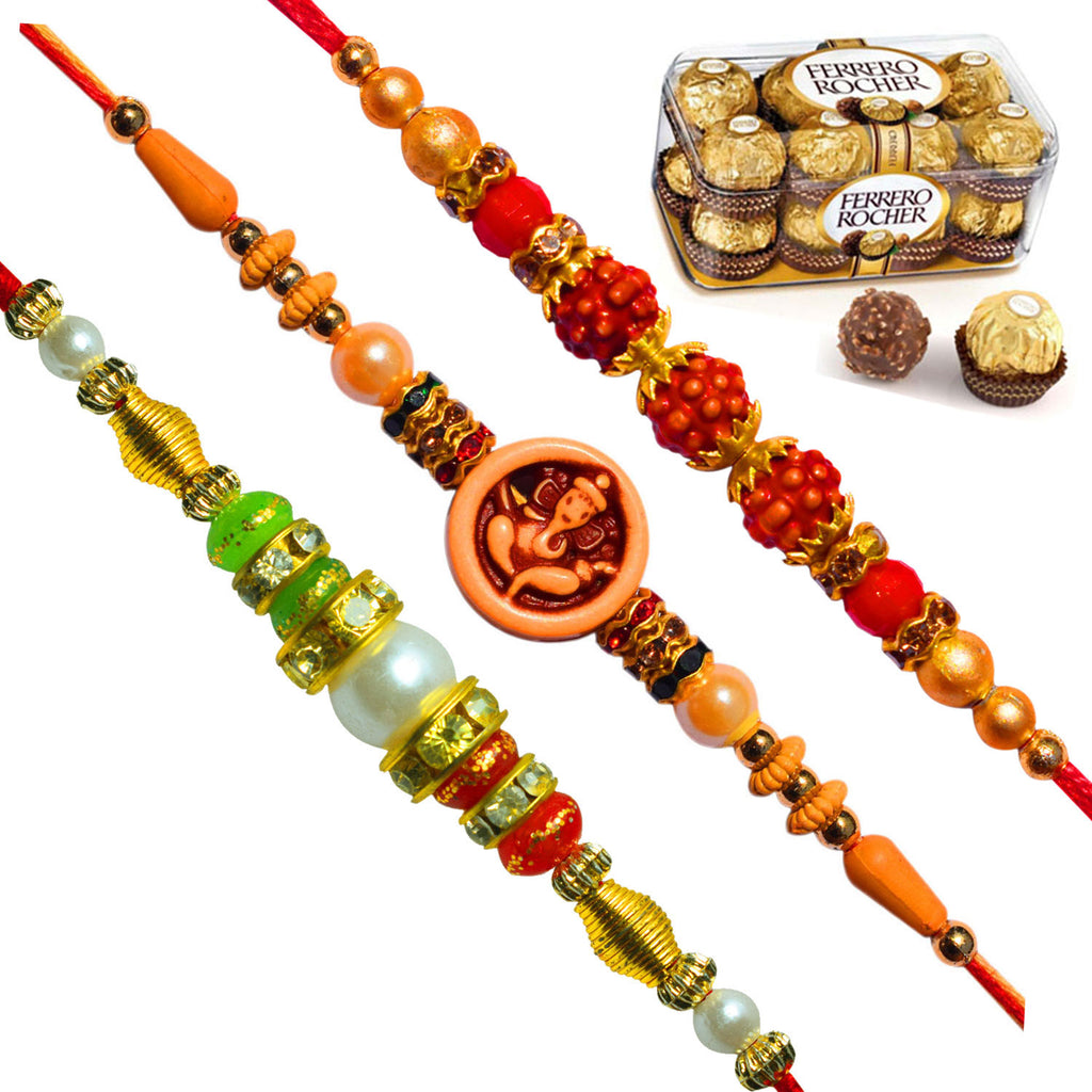 3 Rakhi - Beautiful Handicraft Rakhi With Ferrero Rocher Chocolate Box