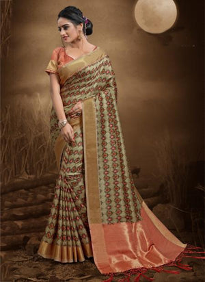 Beige Bhagalpuri Silk Wedding Wear Zari Work Saree