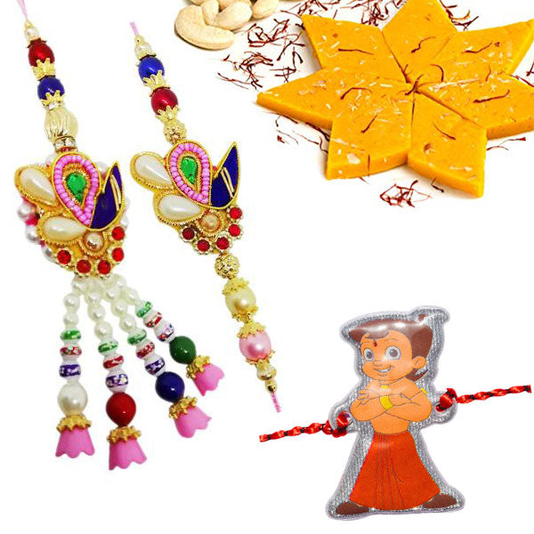 3 Rakhi - Bhaiya Bhabhi Rakhi and 1 Kids Rakhi With Kesar Kaju Katli