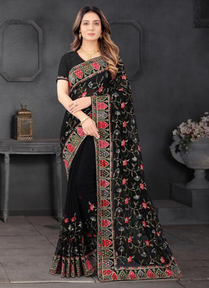 Black Georgette Wedding Wear Resham Work Saree