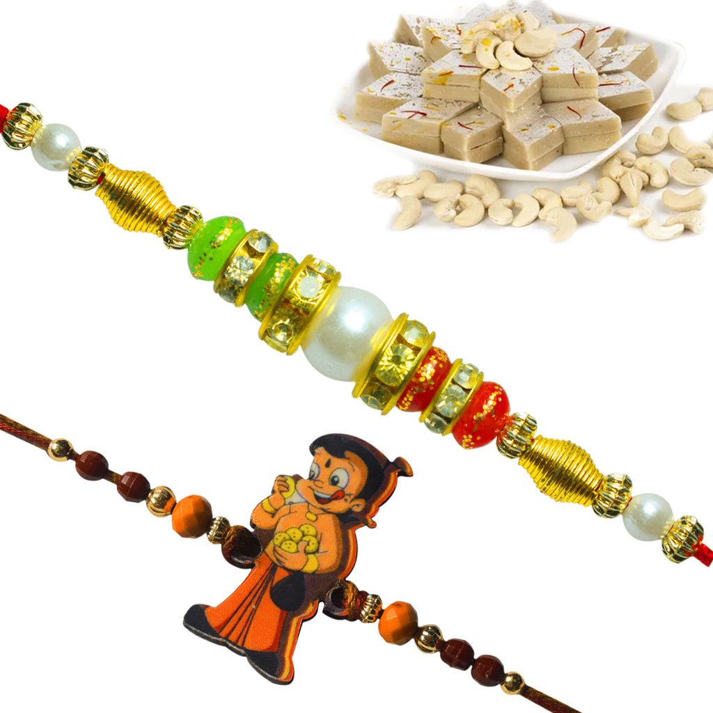 2 Rakhi - Chhota Bheem and Pearls Rakhi With Kaju Katli