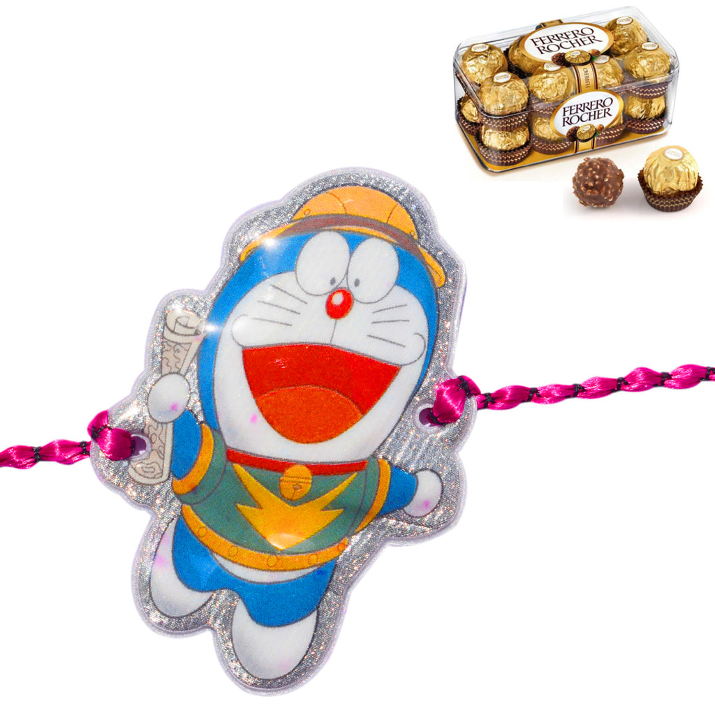 1 Rakhi - Colorful Doraemon Kids Rakhi With Ferrero Rocher Chocolate Box.