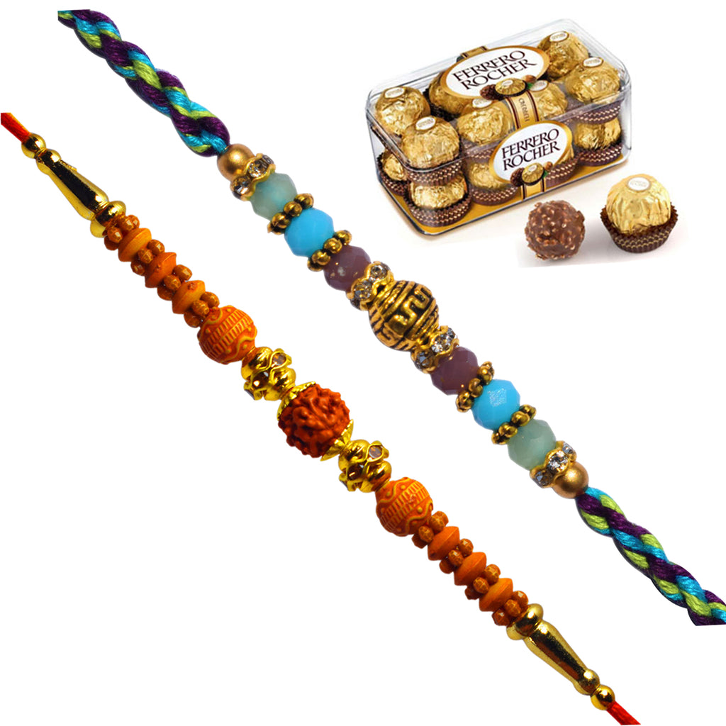 Colorful Rakhi with Rudraksh Rakhi and Ferrero Rocher Chocolate Box