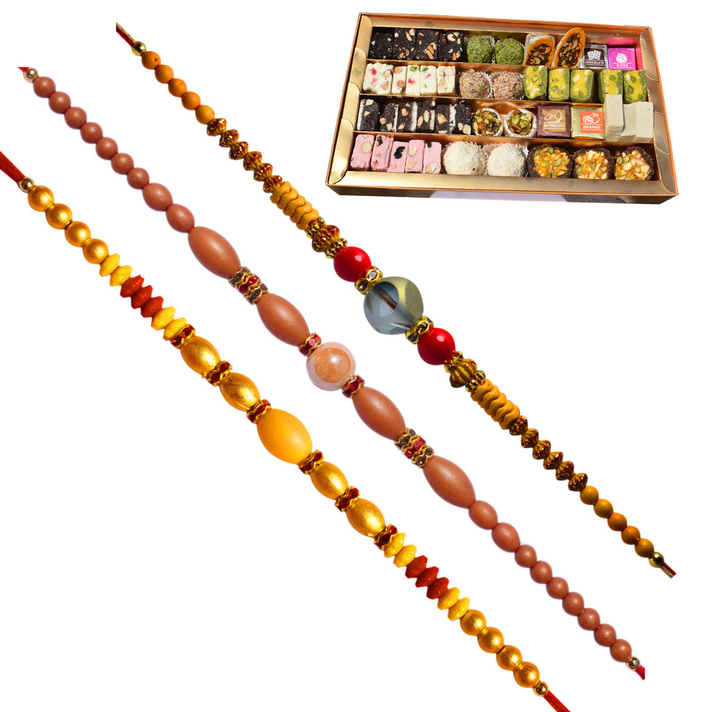 3 Rakhi - Crystals AD and Pearls Rakhis With Kaju Mix Sweet