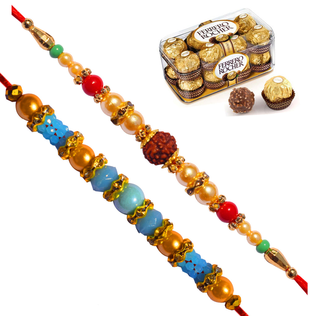 2 Rakhi - Crystals and Rudraksh with Ferrero Rocher Chocolate Box