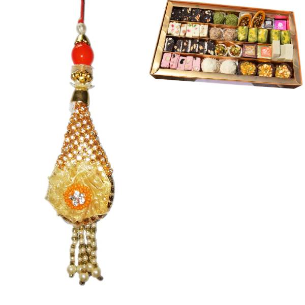 1 Rakhi - Designer American Diamond Rakhi For Ladies Wtih Kaju Mix Mithai