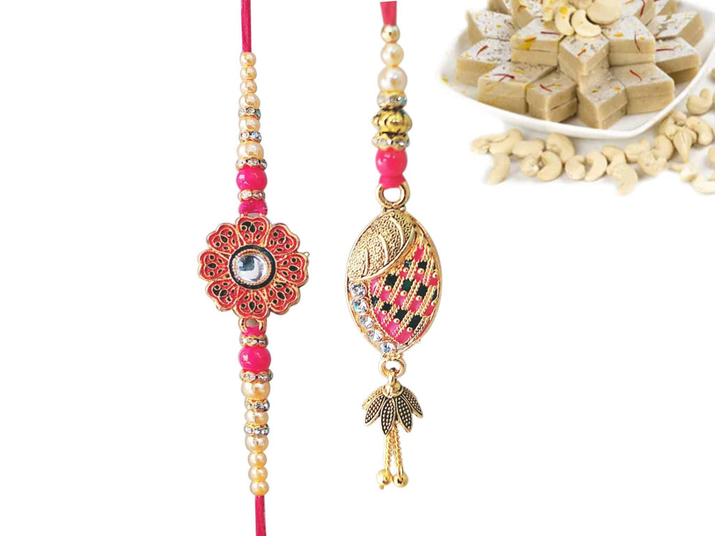 2 Rakhi - Designer Pearl And Beads Bhaiya Bhabhi Rakhi With Kaju Katli