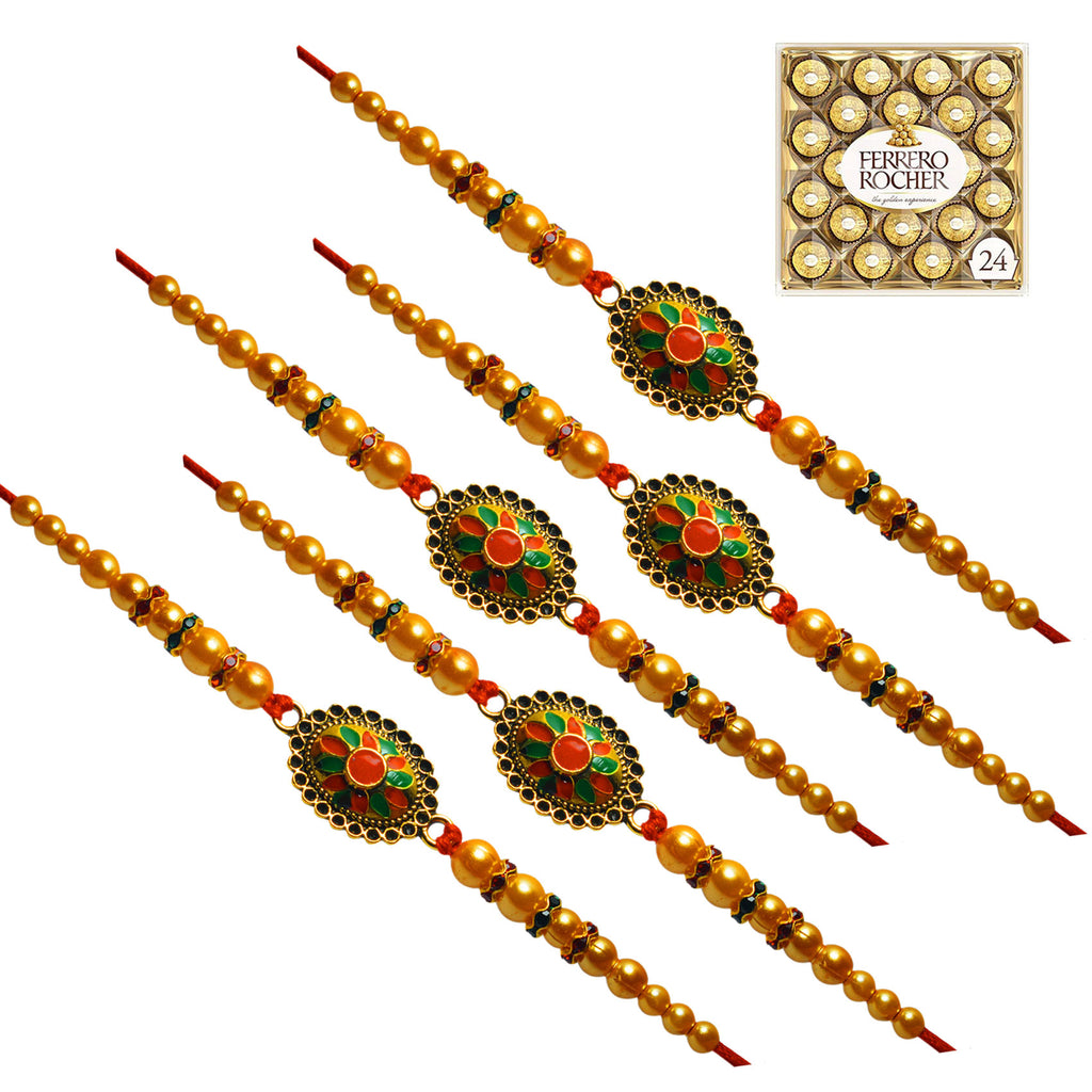 5 Rakhi - Designer Rakhi Set with Ferrero Rocher Chocolate Box