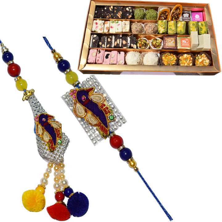 2 Rakhi - Diamond Peacock And Pearl Bhaiya Bhabhi Rakhi With Kaju Mix Sweet