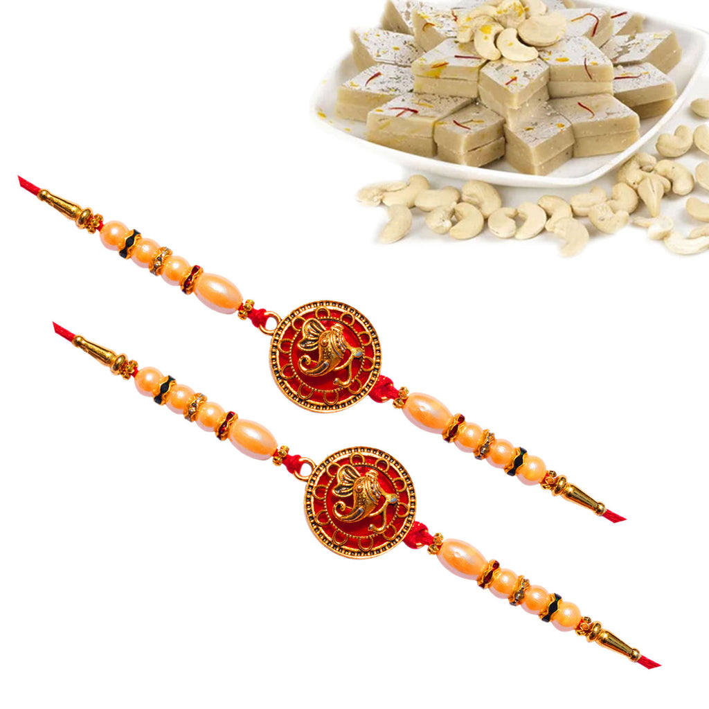 2 Rakhi - Ganesha Rakhi Set With Kaju Katli Or Ferrero Rocher Chocolate Box